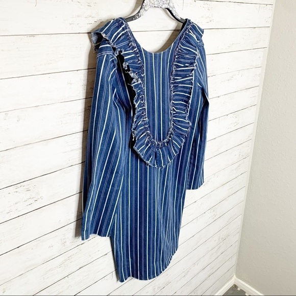 Zara Denim Striped Fringe Bib Long Sleeve Mini Dress Size XS - Picture 8 of 9